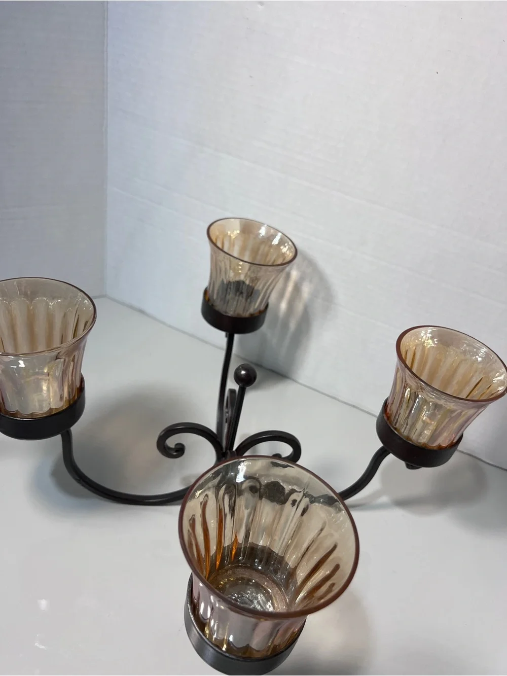 4 Arm Amber Glass Votive Candle Holder Scroll Metal Candelabra Tuscan Decor